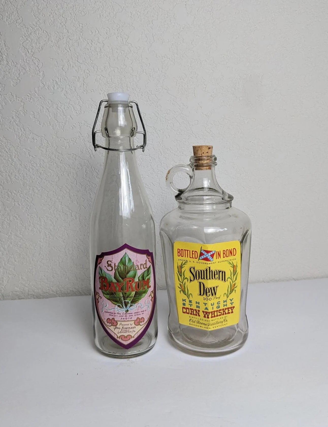 Vintage Antique Style Liquor Bottles - Bay Rum and Corn Whiskey Labels