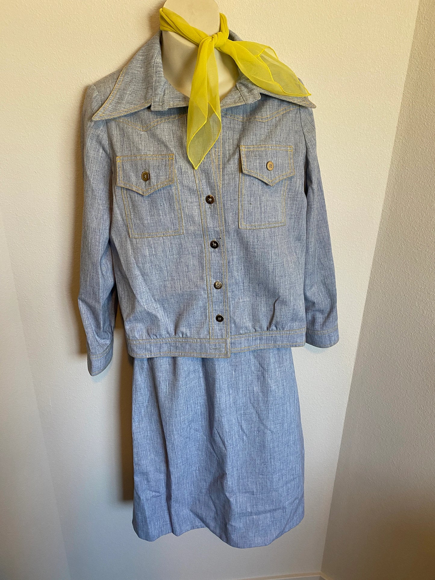 Vintage Women's Yellow Blouse, Yellow Scarf, Denim Jacket, Denim Skirt