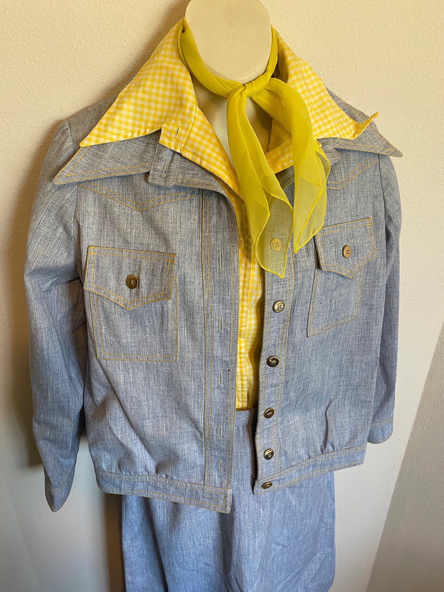 Vintage Women's Yellow Blouse, Yellow Scarf, Denim Jacket, Denim Skirt