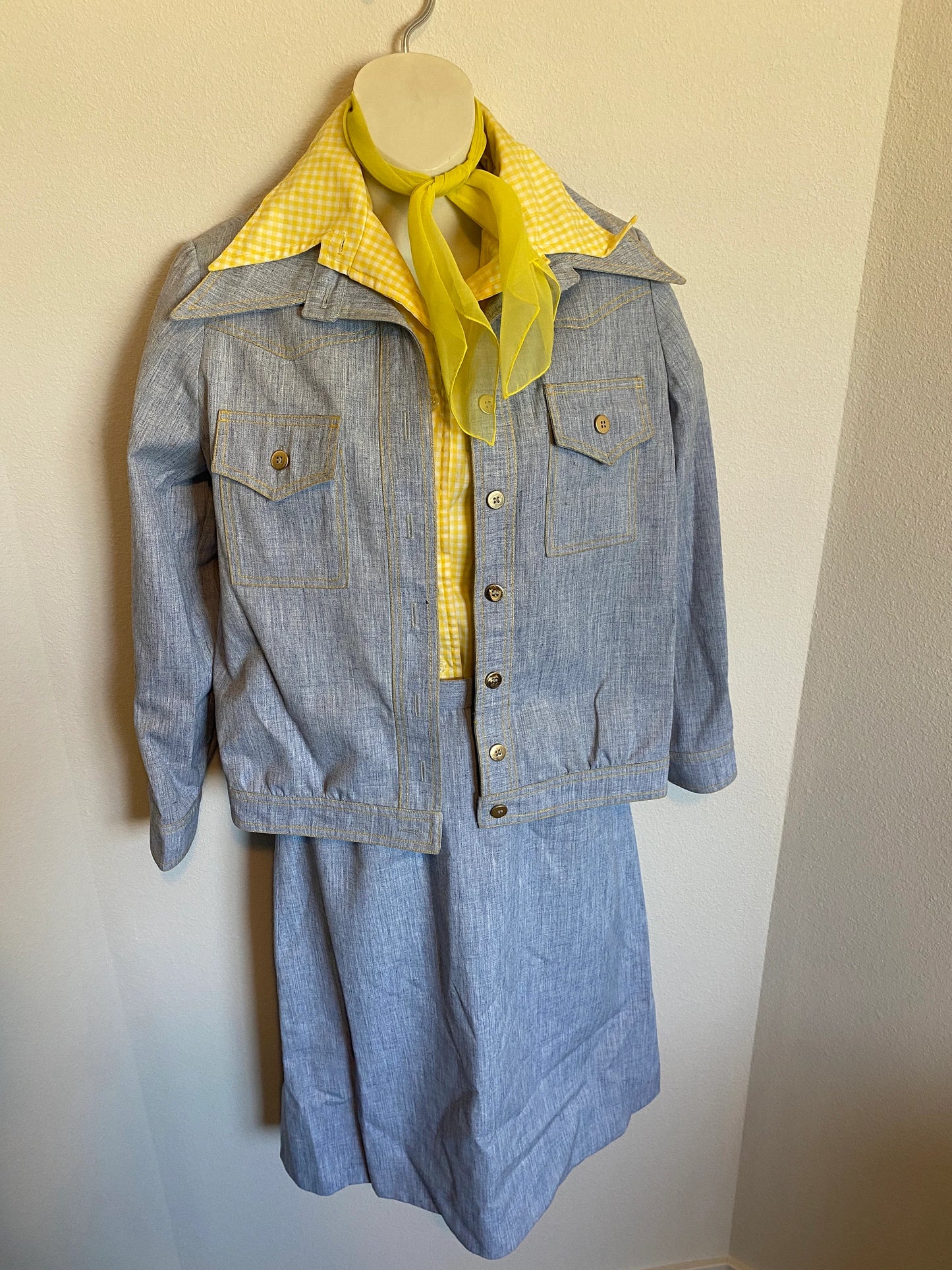 Vintage Women's Yellow Blouse, Yellow Scarf, Denim Jacket, Denim Skirt