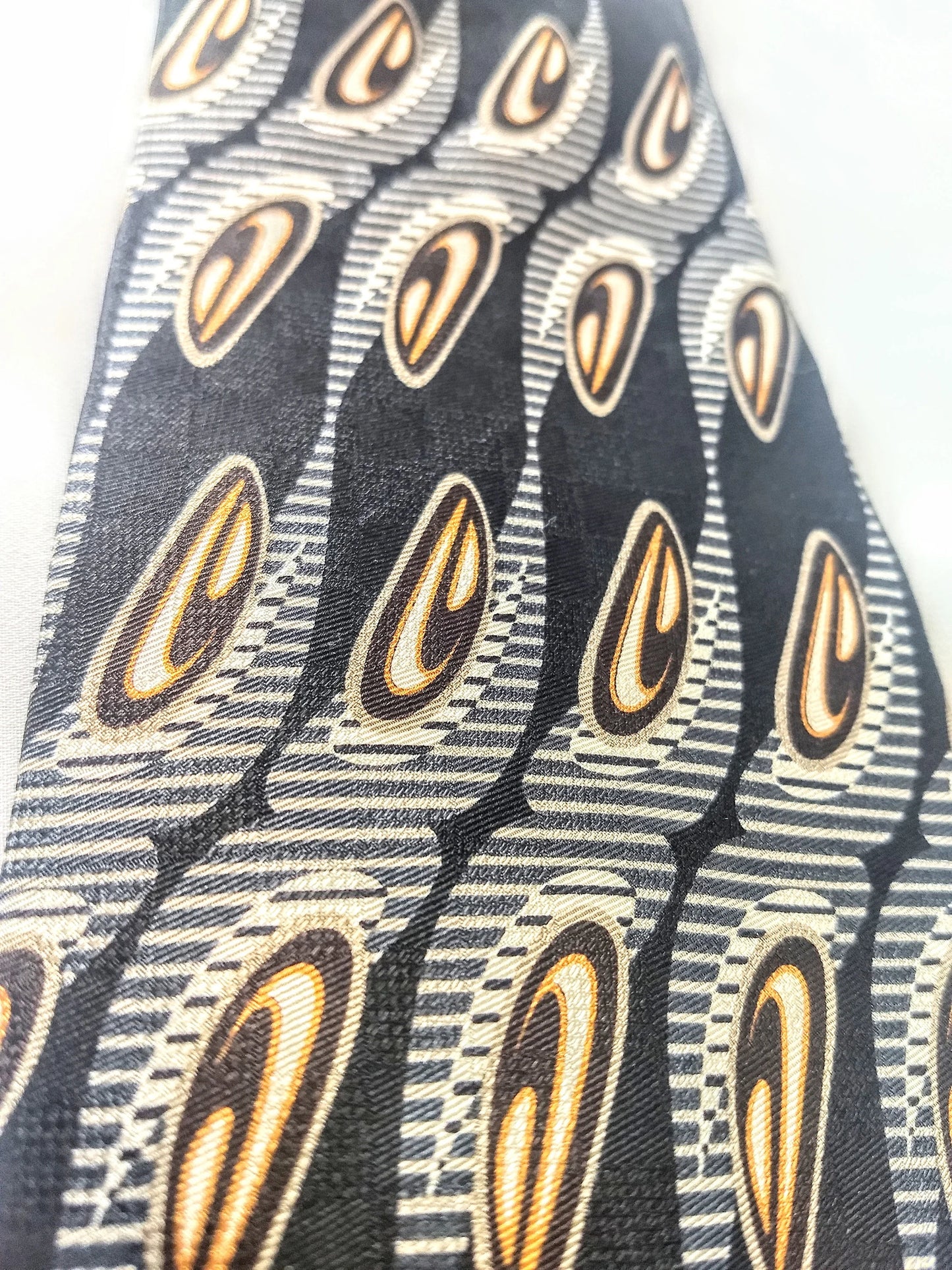 Vintage Necktie Men's Pattern Silk Tie Black White Orange