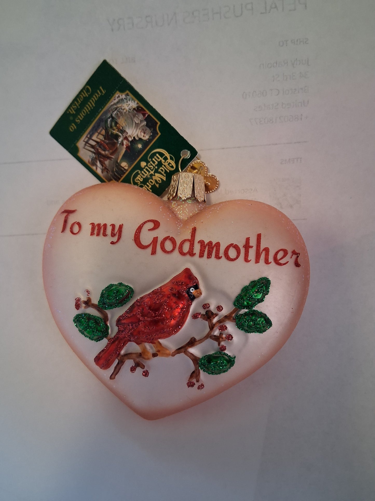 To My Godmother Pink Heart with Cardinal - 3.75" Blown Glass Tree Ornament by Old World Christmas - RETIRED