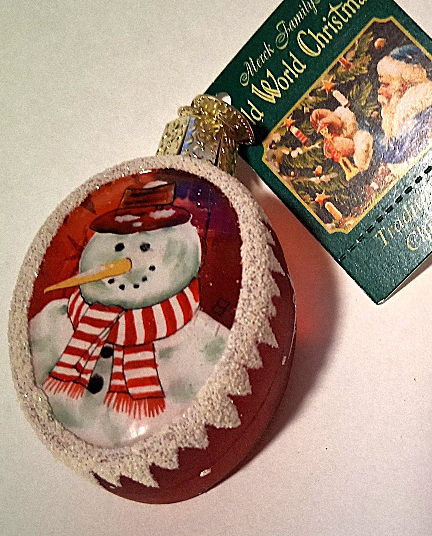 Inside Art Snowman on Red Glass Oval Tree Ornament by Old World Christmas