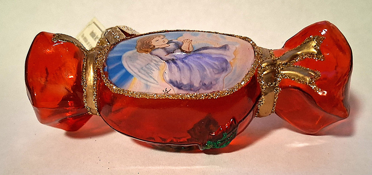 Angel on Tootsie Roll Candy - Inside Art Blown Glass Tree Ornament by Old World Christmas