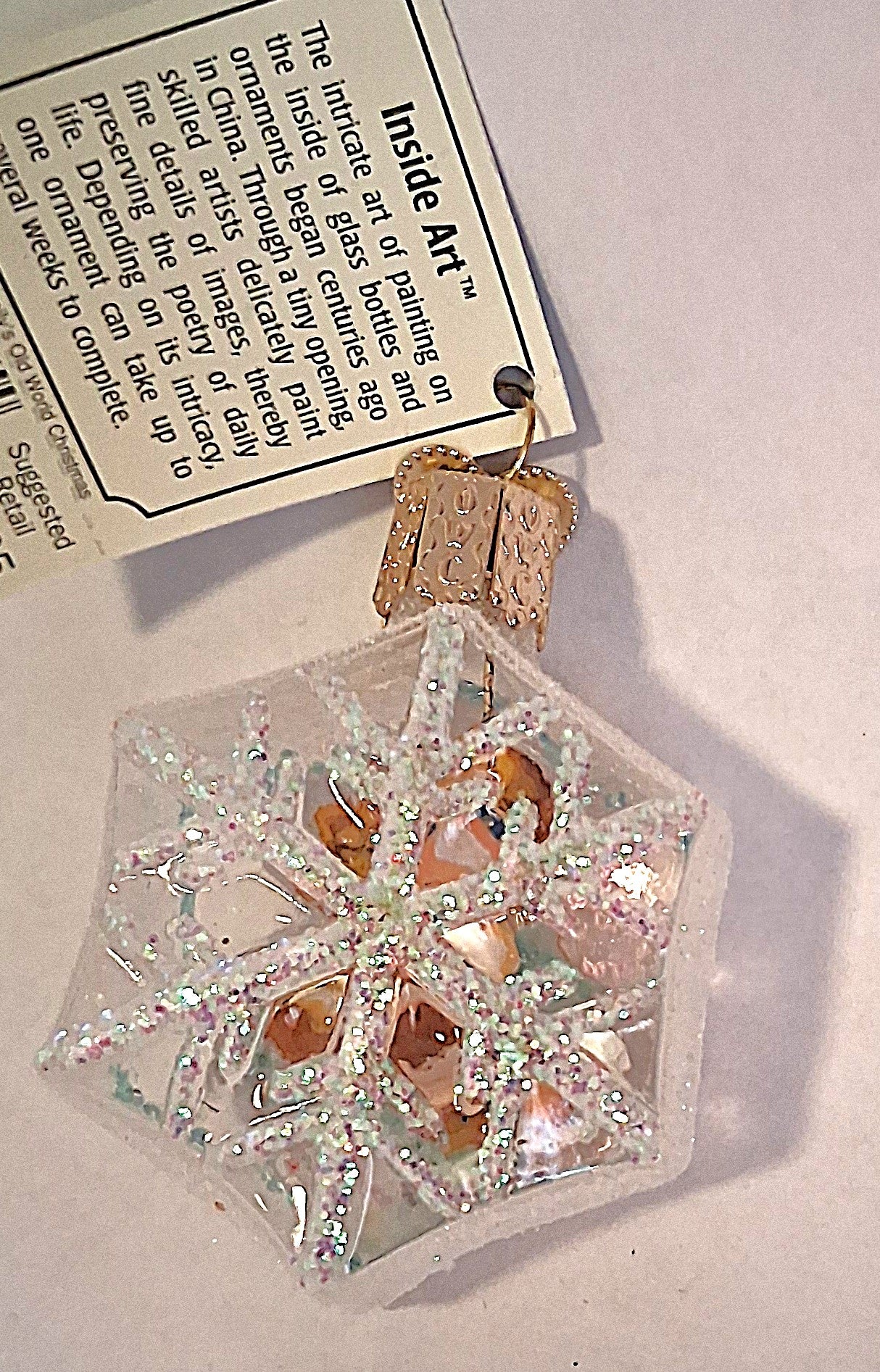 Girl Holding Teddy Bear Snowflake Inside Art Glass Tree Ornament by Old World Christmas