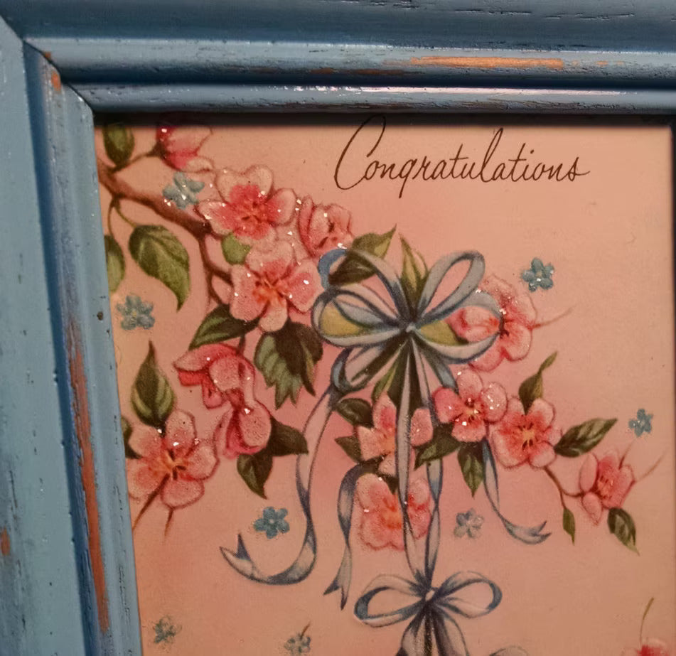 Vintage Baby Boy Greeting Card Framed in Blue