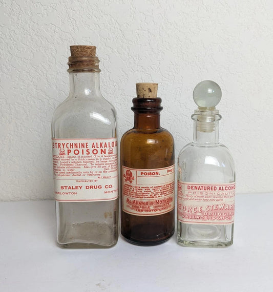 Vintage Antique Style Poison Drug Store Bottles - Strychnine Alkaloid, Poison and Denatured Alcohol Labels