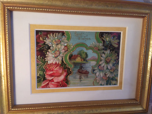 1908 Vintage Framed Best Wishes Postcard