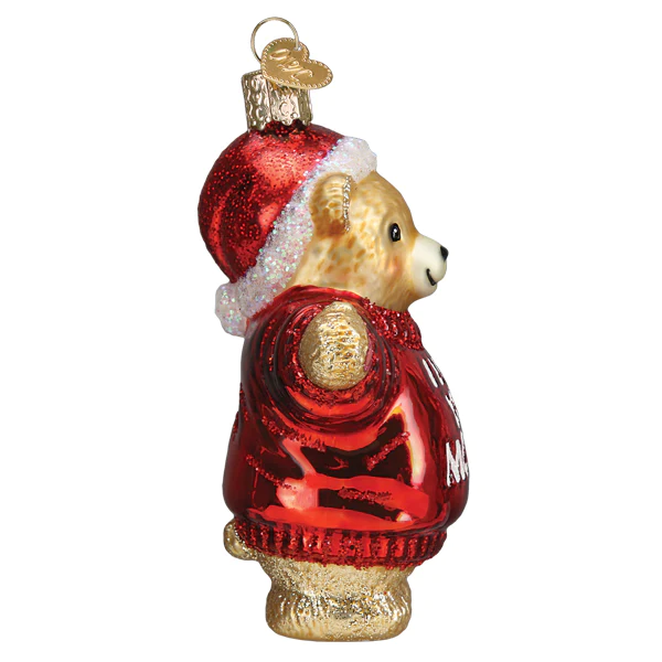 I Love You More Blown Glass Teddy Bear in Santa Hat Ornament by Old World Christmas