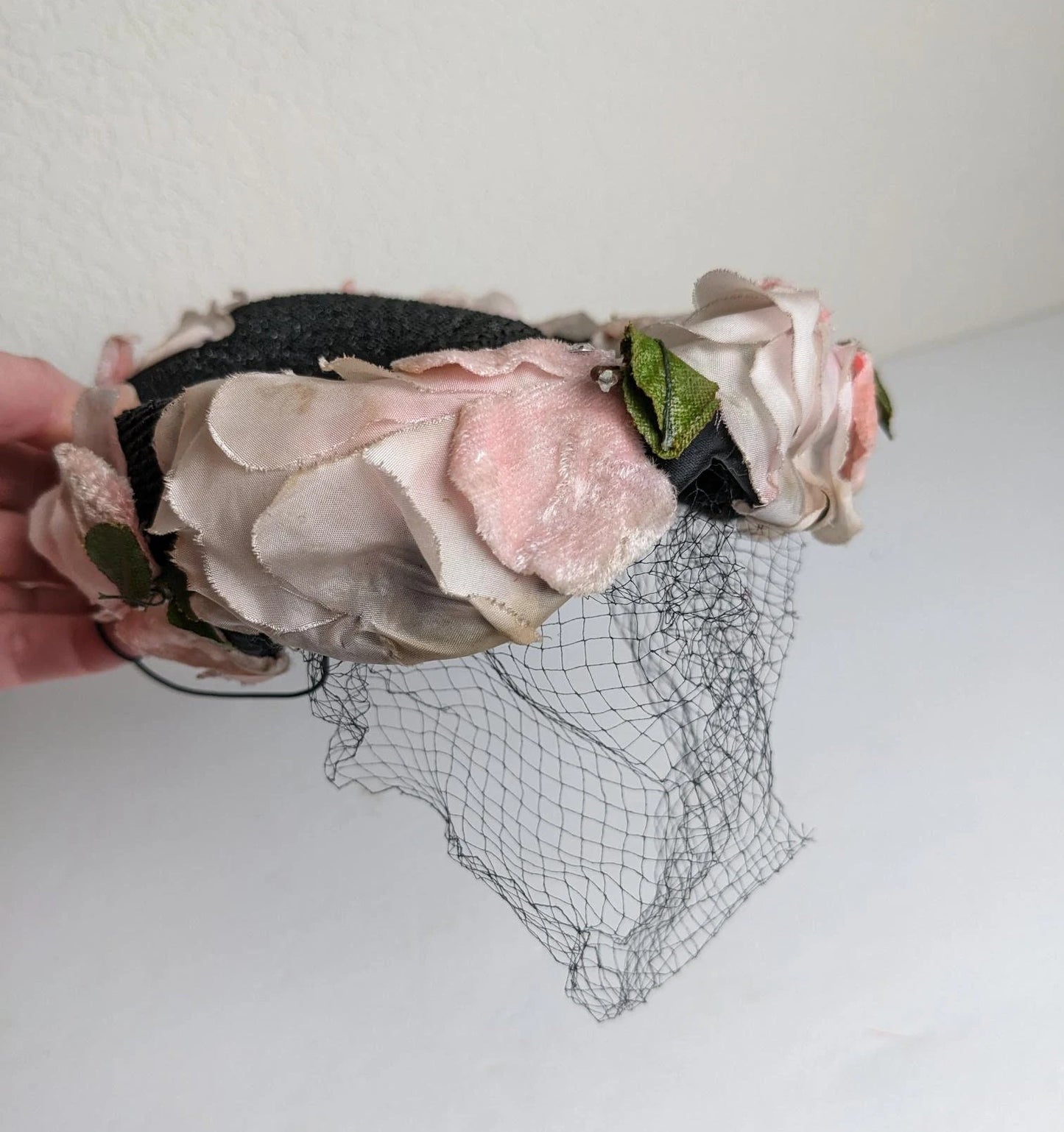 Vintage Black Woven Hat with Veil & Flower Petals Fascinator Hat