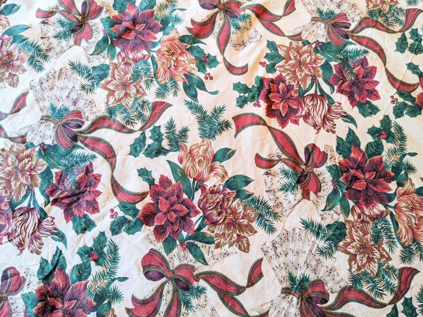 1970's MCM Poinsettia, Holly & Music Sheets Christmas Tablecloth