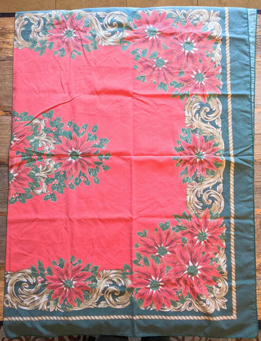 1970's Christmas Holly & Poinsettias Tablecloth