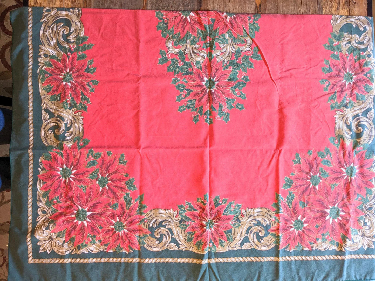 1970's Christmas Holly & Poinsettias Tablecloth