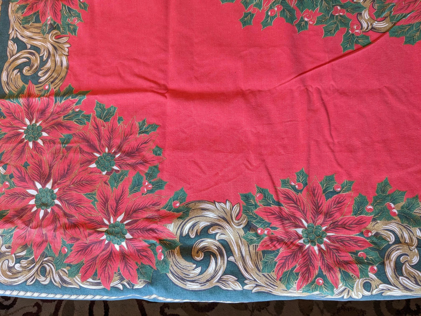 1970's Christmas Holly & Poinsettias Tablecloth