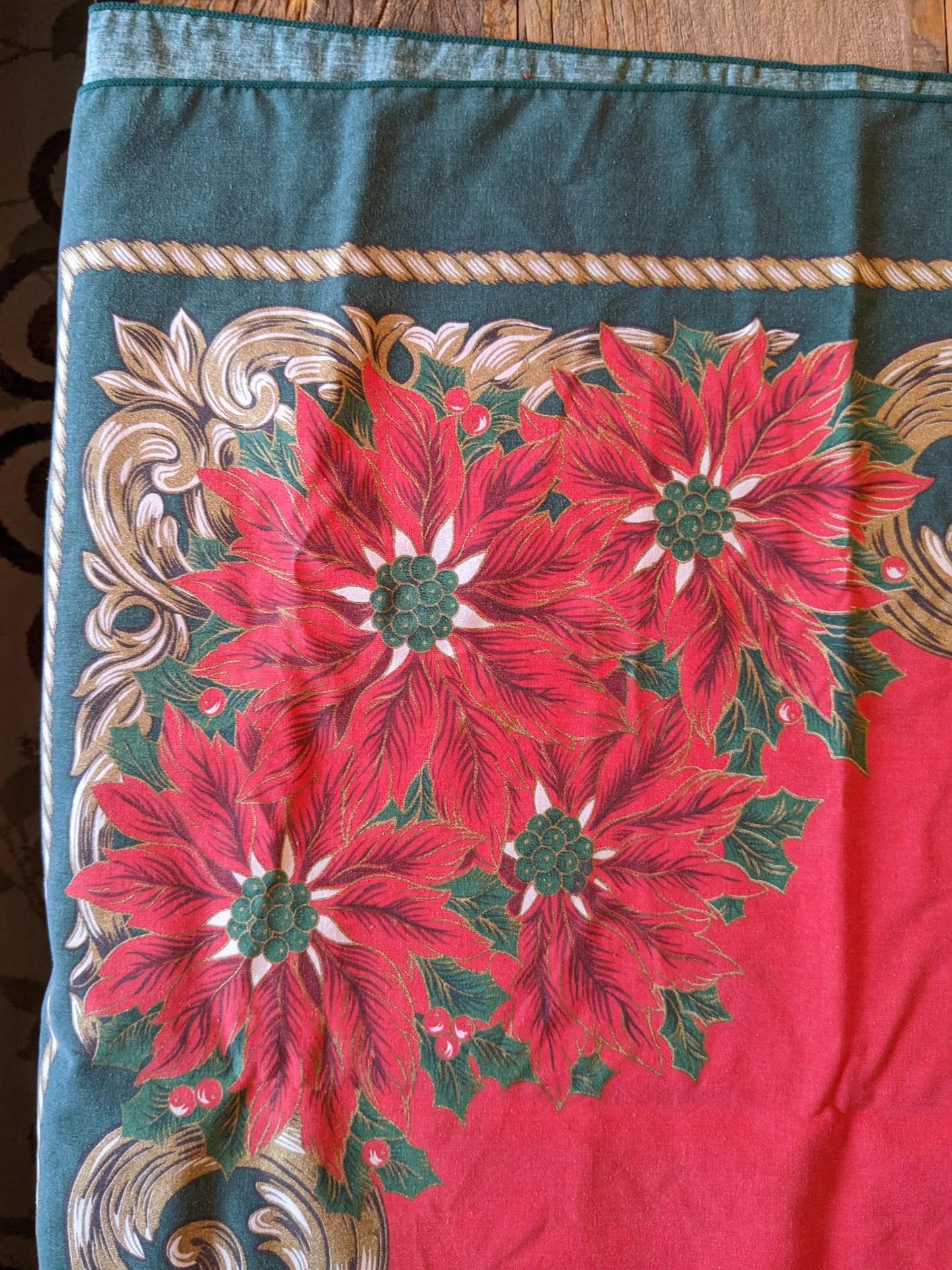 1970's Christmas Holly & Poinsettias Tablecloth