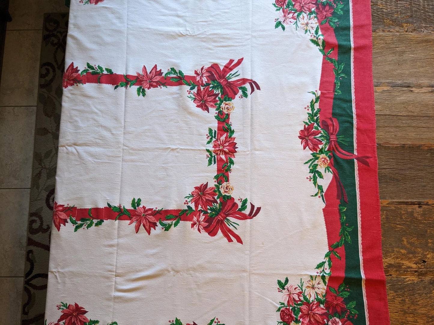 1970's Vintage Holly & Poinsettias Christmas Tablecloth