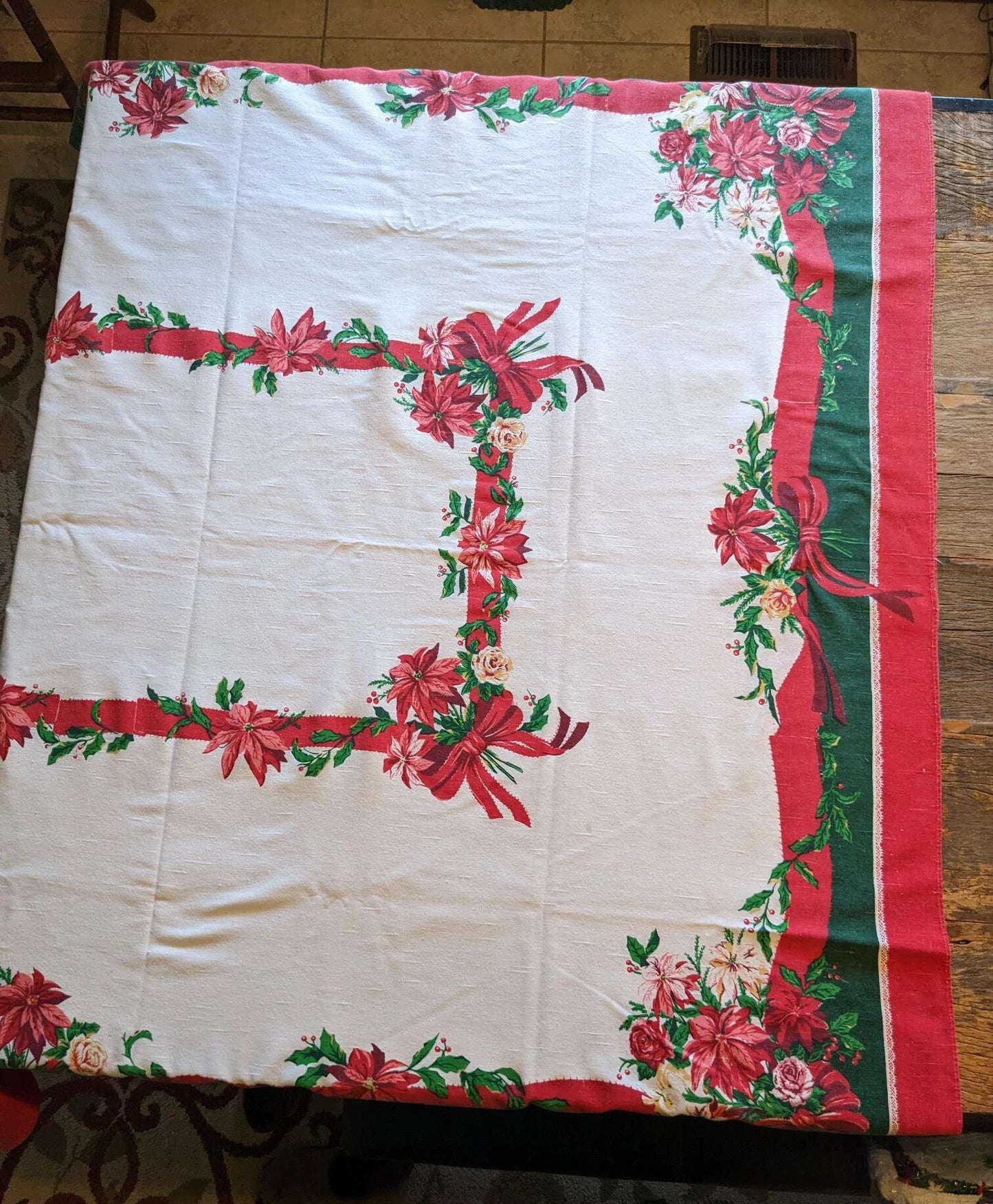 1970's Vintage Holly & Poinsettias Christmas Tablecloth