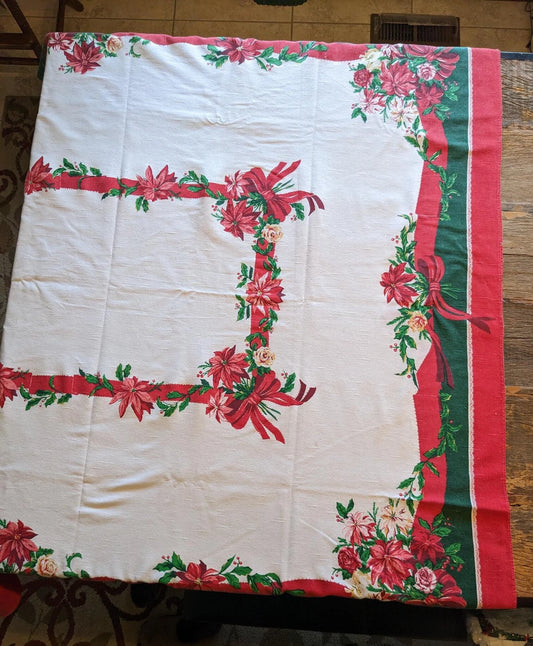 1970's Vintage Holly & Poinsettias Christmas Tablecloth