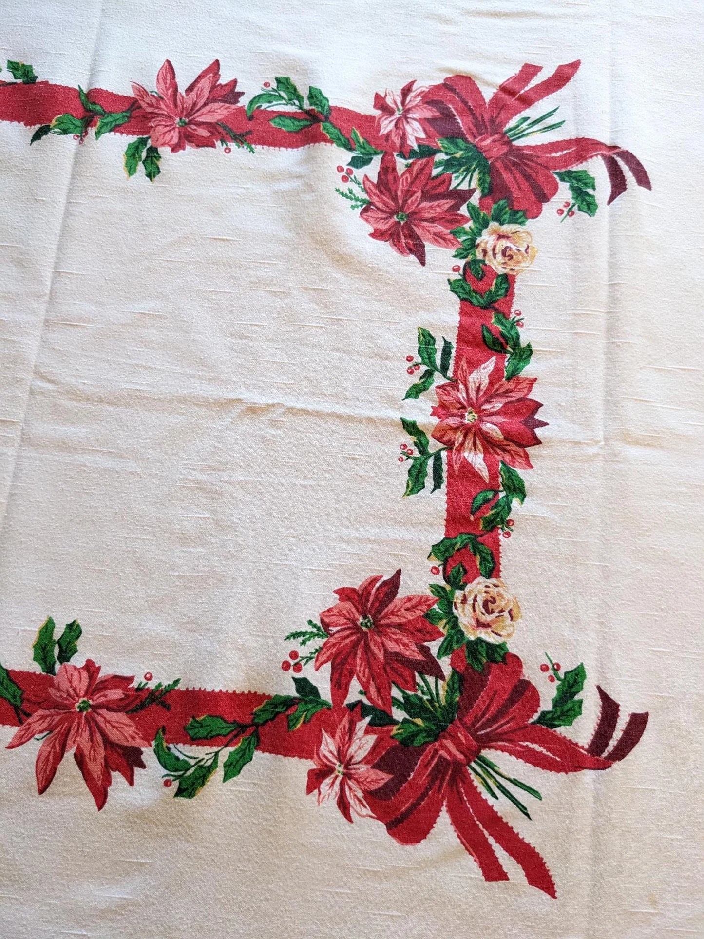 1970's Vintage Holly & Poinsettias Christmas Tablecloth