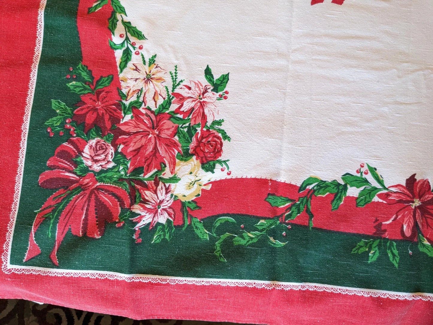 1970's Vintage Holly & Poinsettias Christmas Tablecloth