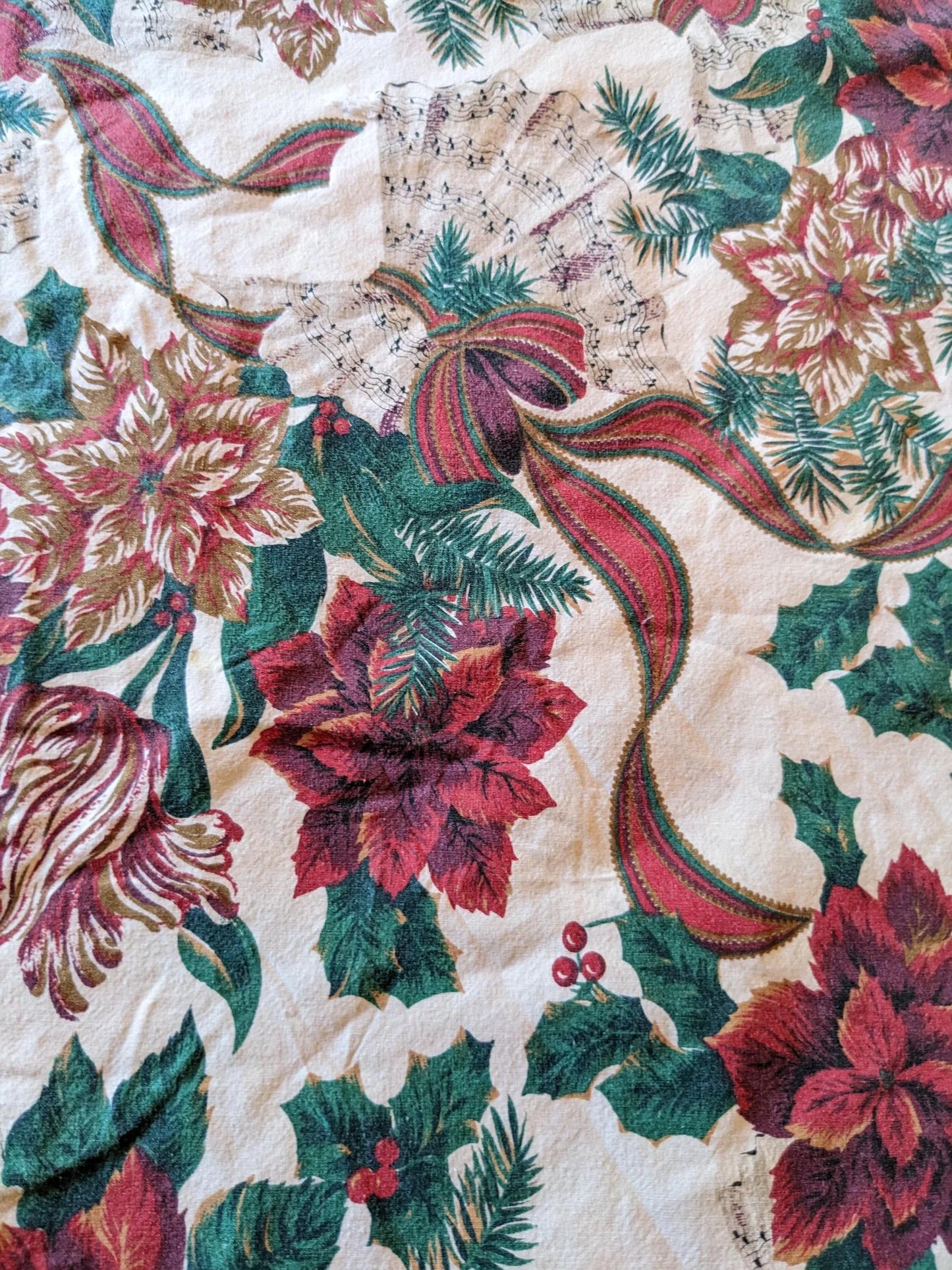 1970's MCM Poinsettia, Holly & Music Sheets Christmas Tablecloth