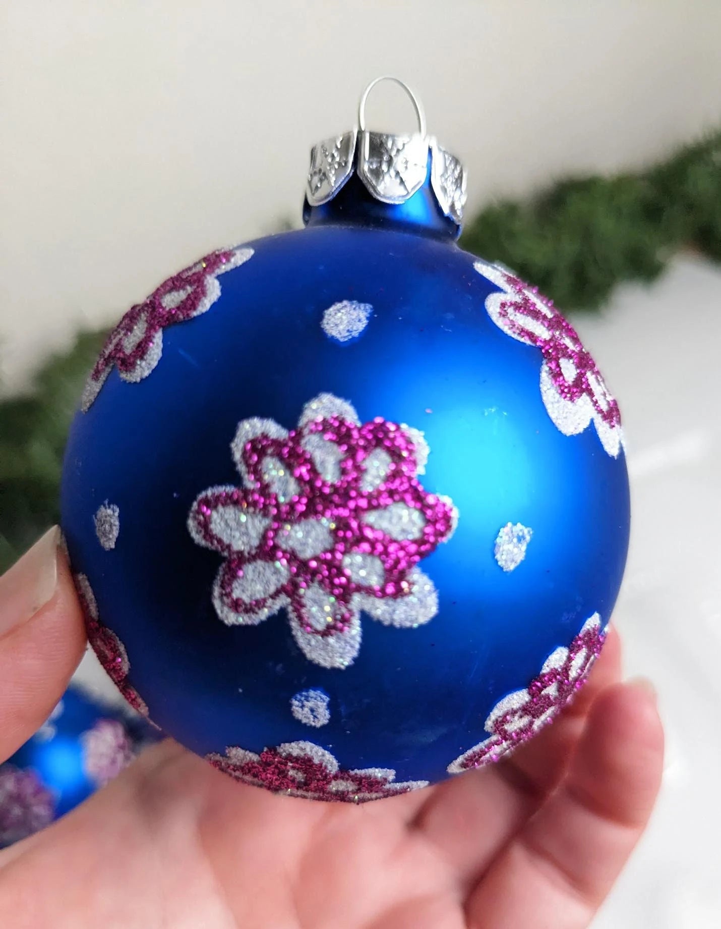 Navy Blue Boho Ornaments with Pink Flowers