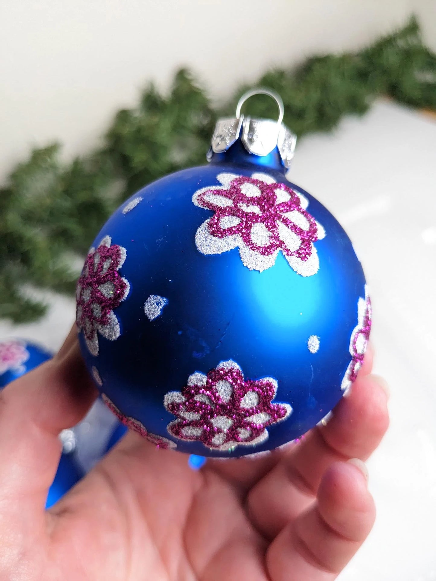 Navy Blue Boho Ornaments with Pink Flowers