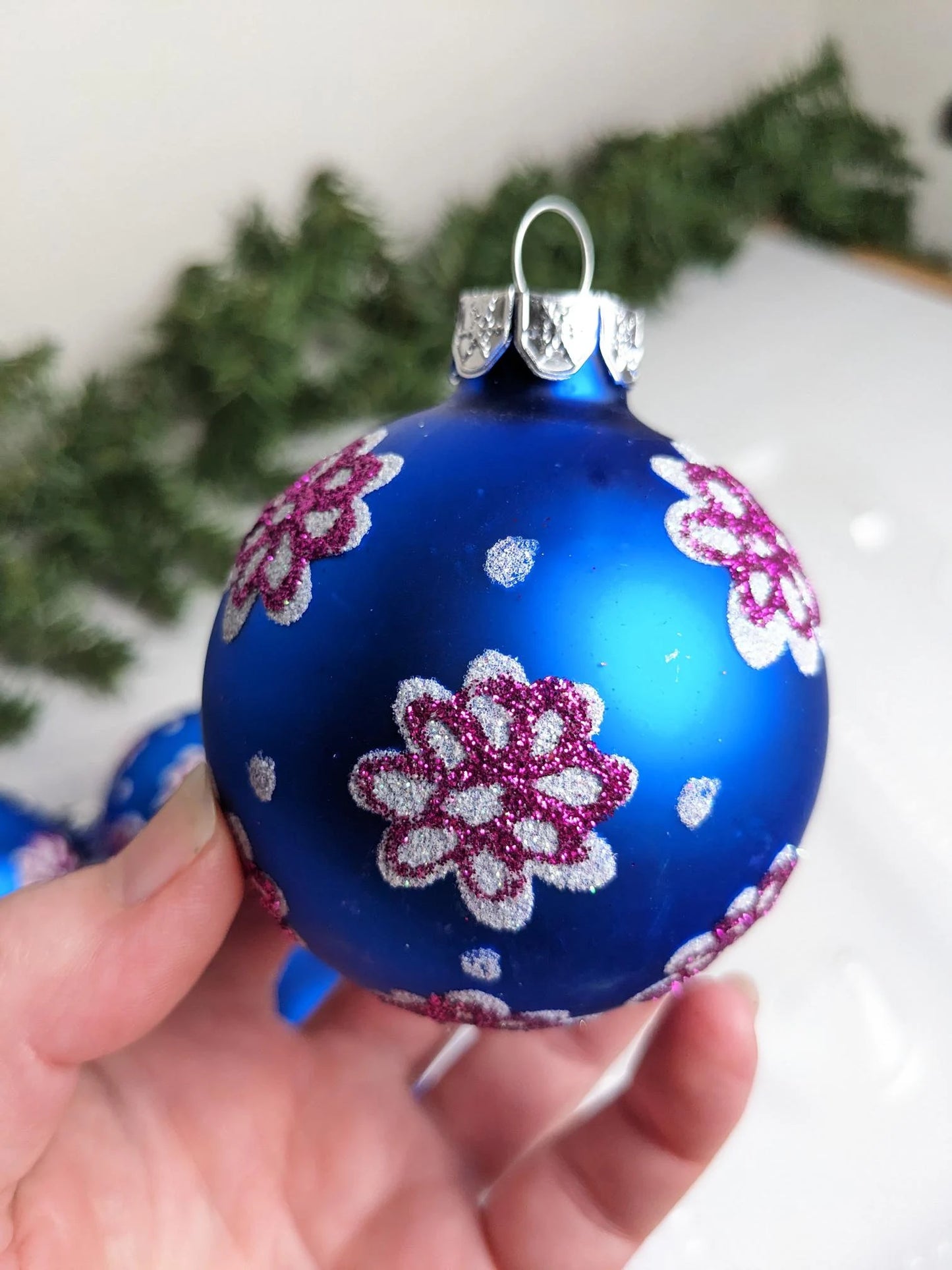 Navy Blue Boho Ornaments with Pink Flowers