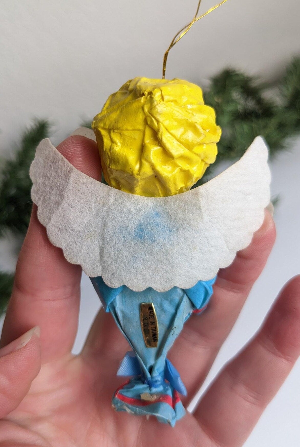 Vintage Papier Mache Angel with Horn Christmas Ornament