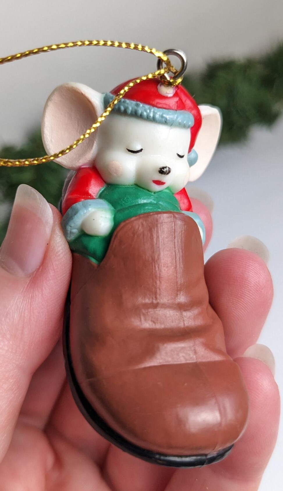 Sleeping Mouse in Shoe Christmas Ornament