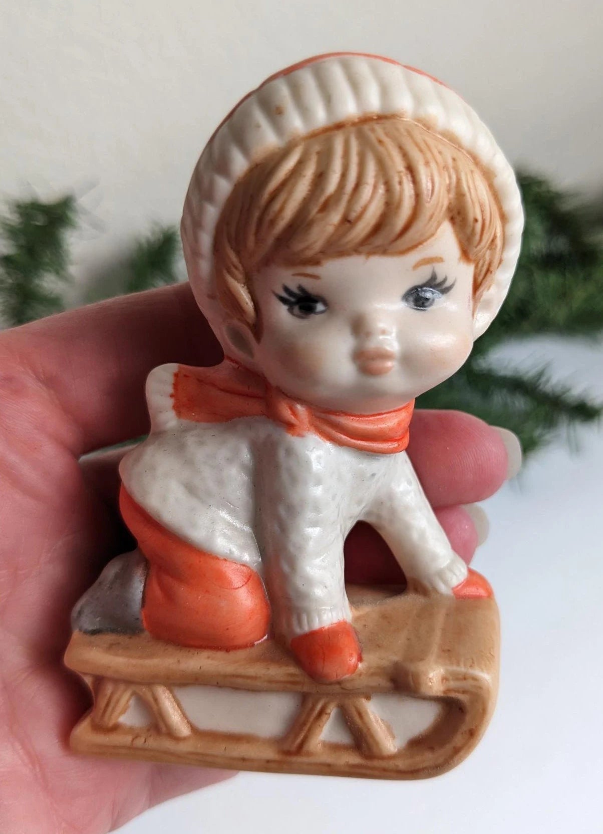 Vintage Boy & Girl Sledding Figurines