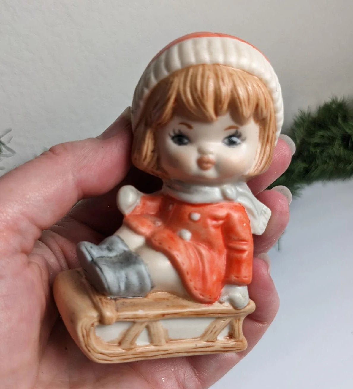 Vintage Boy & Girl Sledding Figurines