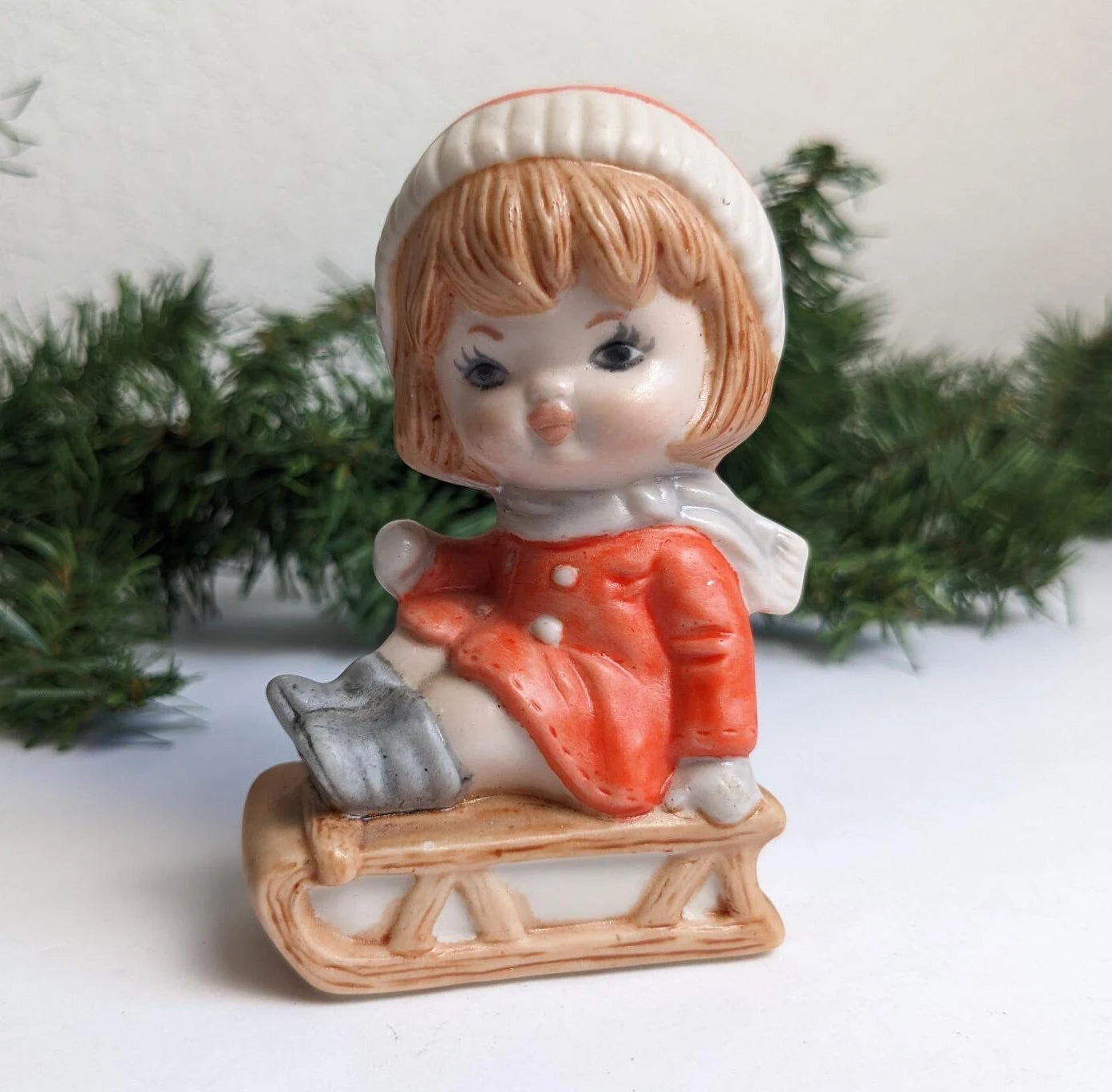 Vintage Boy & Girl Sledding Figurines