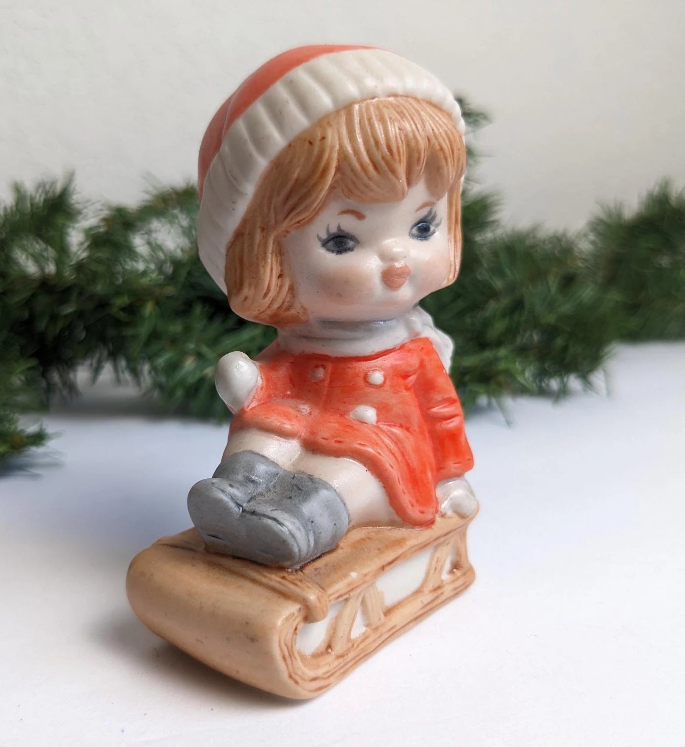 Vintage Boy & Girl Sledding Figurines