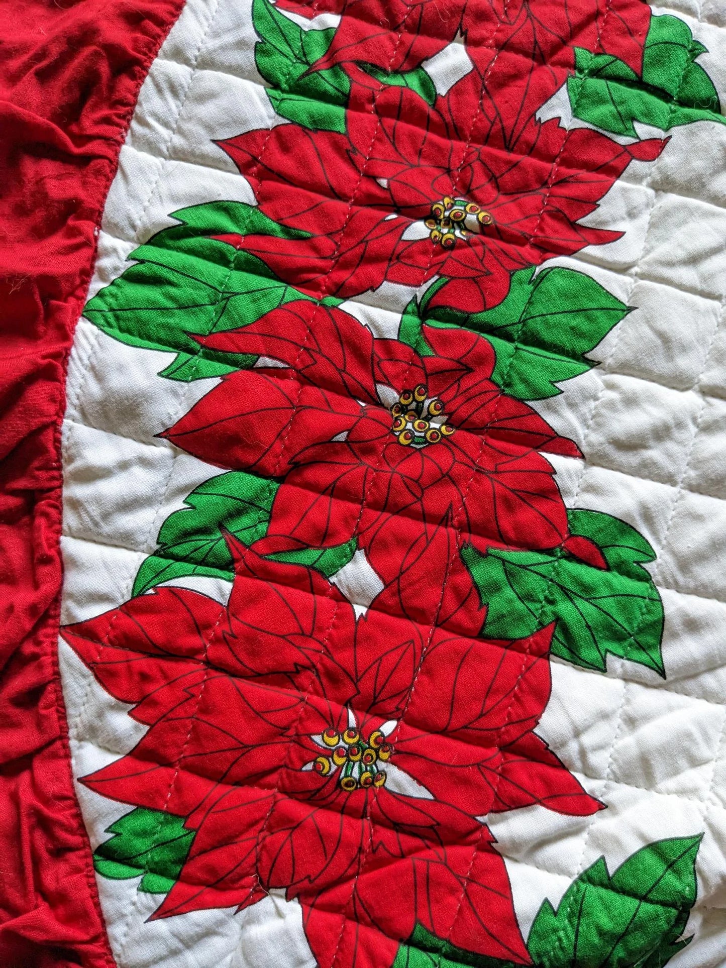 Vintage Quilted Poinsettia Christmas Tree Skirt