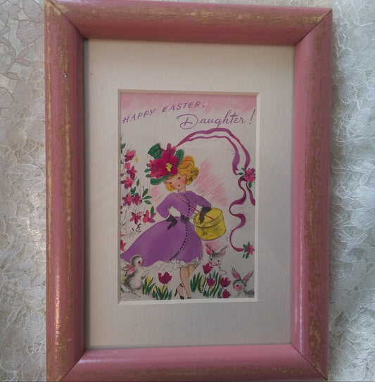 Beautiful vintage card saying "Happy Easter Daughter!" above a drawing of a young woman in a purple dress and carrying a yellow hat box.