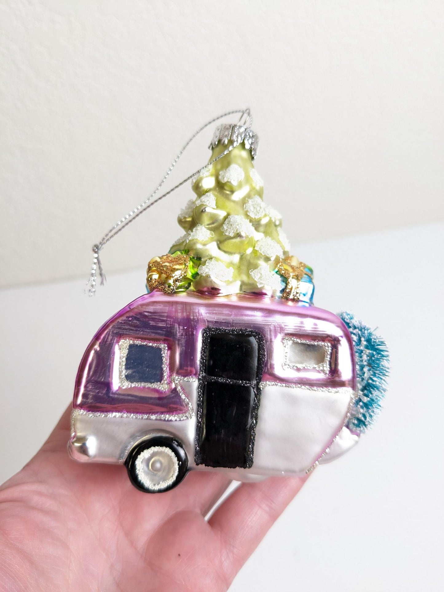 Pink Purple Vintage Camper Glass Christmas Ornament