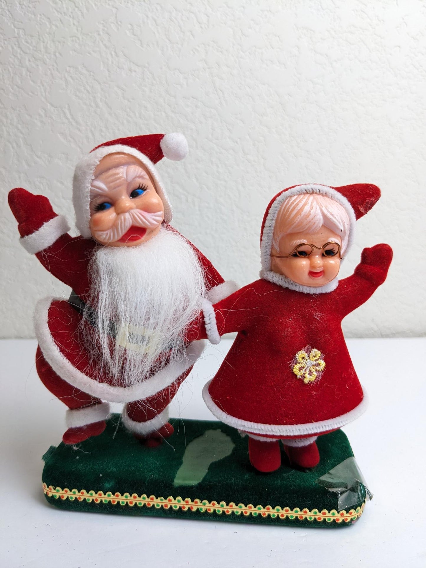 Vintage Flocked Dancing Santa and Mrs. Claus Blow Mold