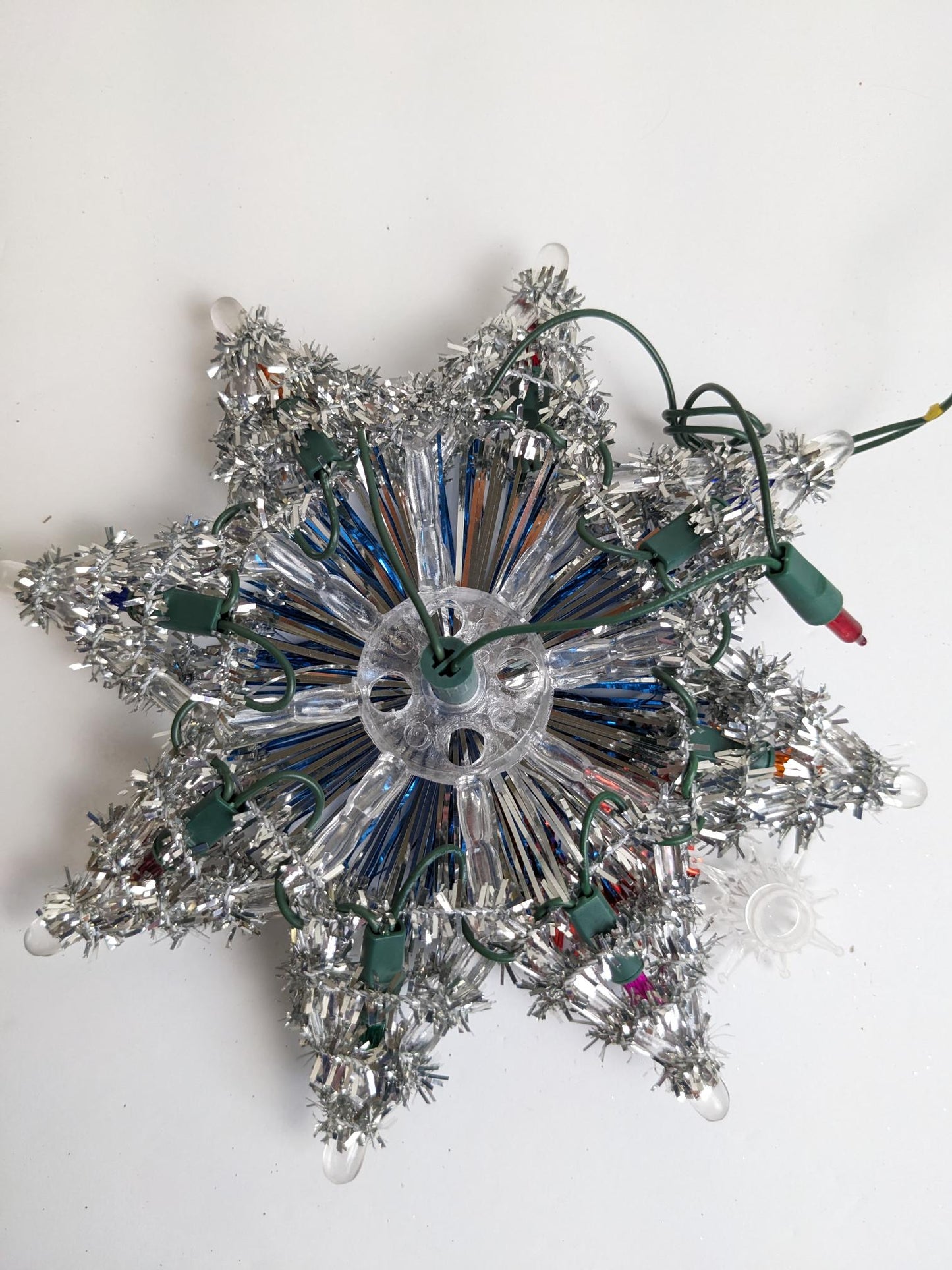 Vintage Light-Up Silver Tinsel Star Christmas Tree Topper