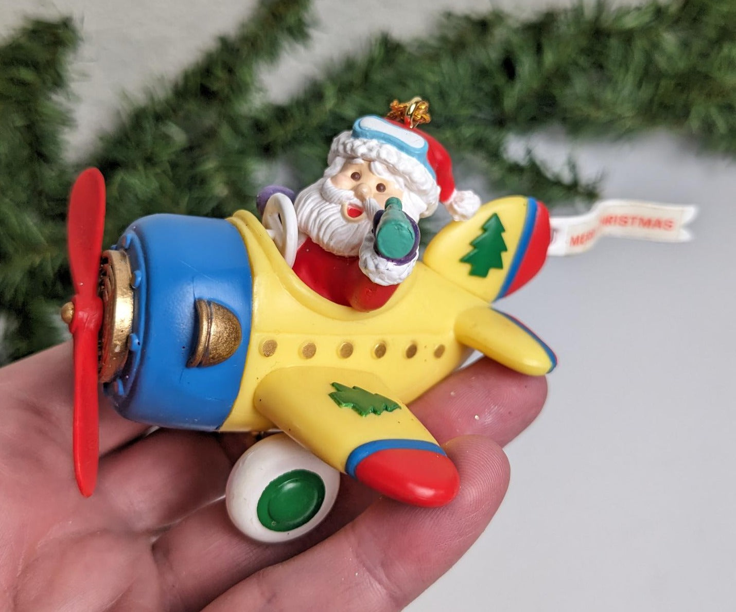 Vintage High Process Santa in Airplane 1994 Christmas Ornament