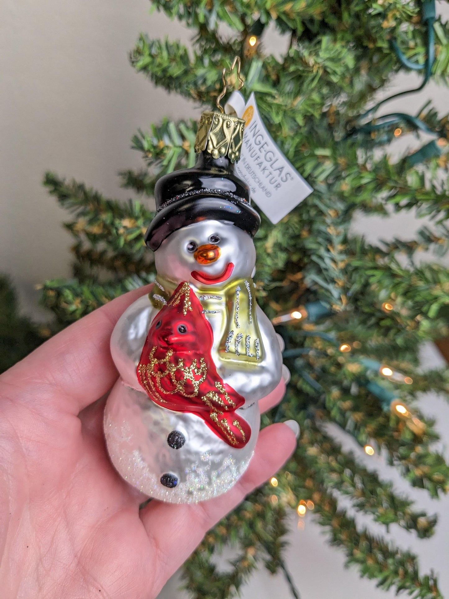 Hello Mr. Cardinal Snowman Inge Glas Christmas Ornament NEW