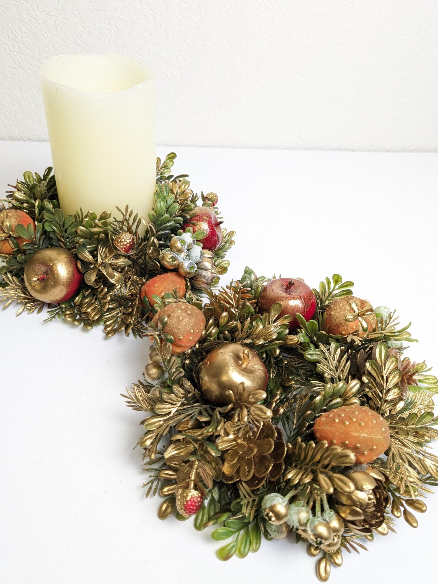 Vintage Gold Christmas Candle Ring Wreaths, Made in Hong Kong
