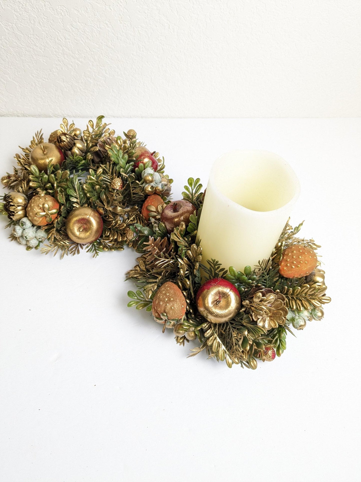 Vintage Gold Christmas Candle Ring Wreaths, Made in Hong Kong