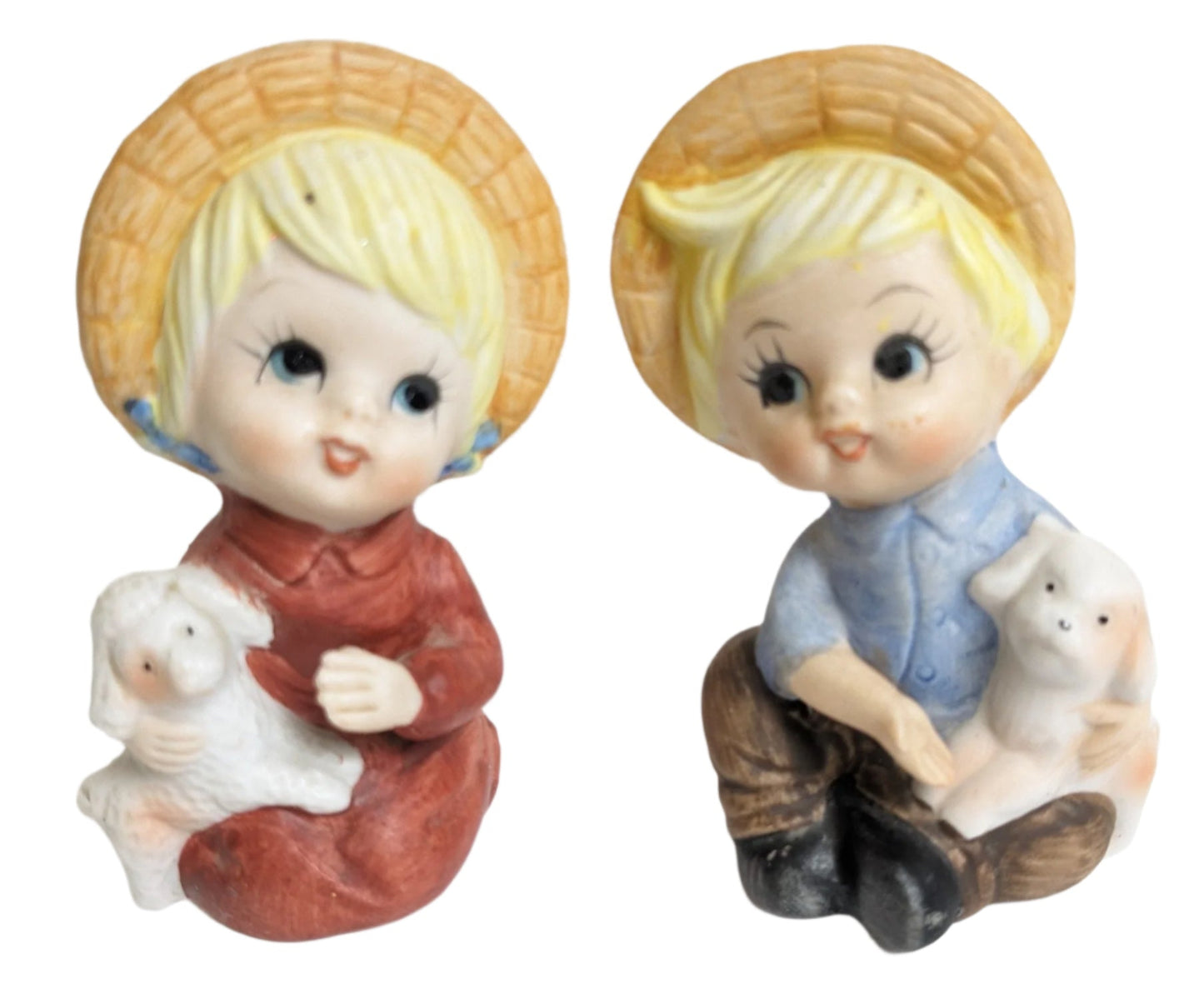 Vintage Boy Holding a Dog and a Girl Holding a Lamb Figurine Set