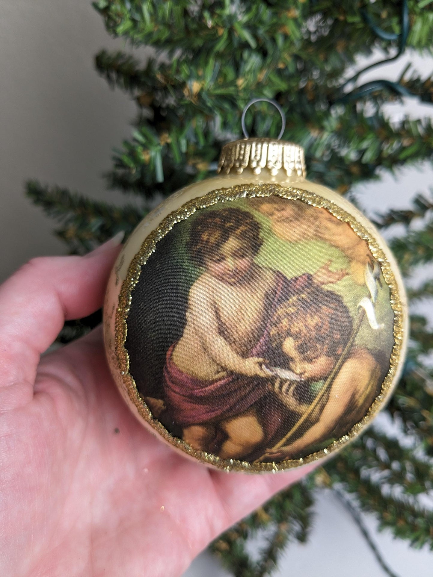 Vintage 1985 Krebs Cherub Angels Masters on Silk Christmas Ornament