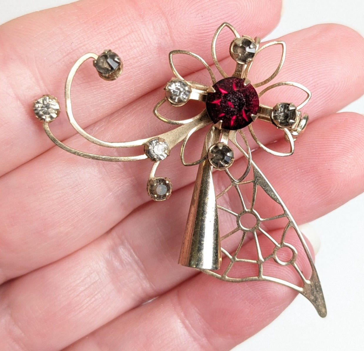 Vintage Jewelry Brooch, Pin, or Pendant Art Deco Gold Toned Red Floral