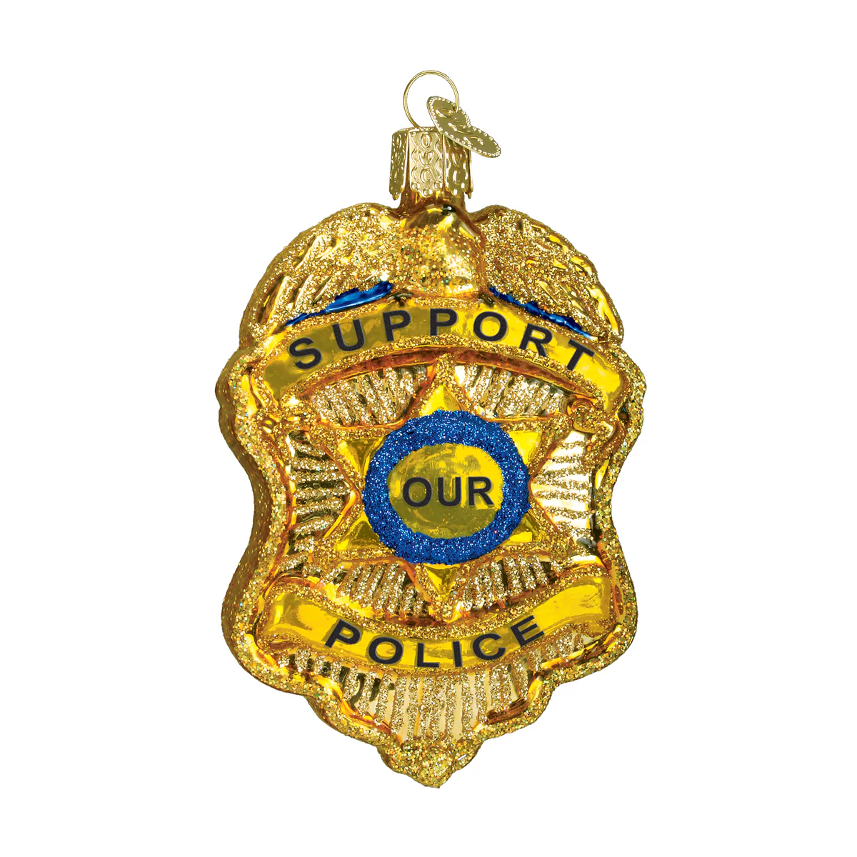 Police Badge ~ God Bless America - Blown Glass Tree Ornament by Old World Christmas