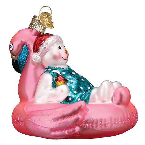 Snowman on Pink Flamingo Pool Float - Blown Glass Tree Ornament by Old World Christmas