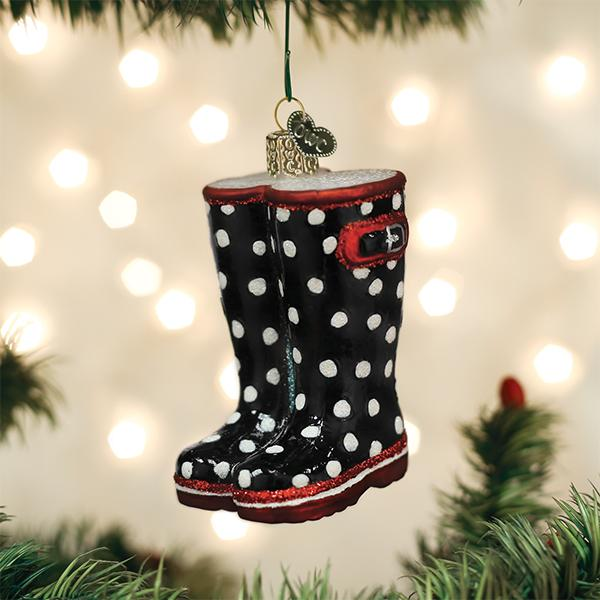 Black Rubber Rain Boots with Polkadots - Blown Glass Old World Christmas Ornament