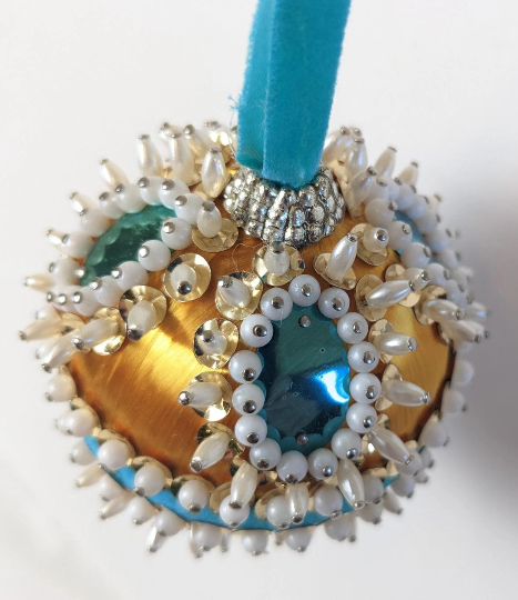 Turquoise and Gold Beaded Pushpin Christmas Ornament